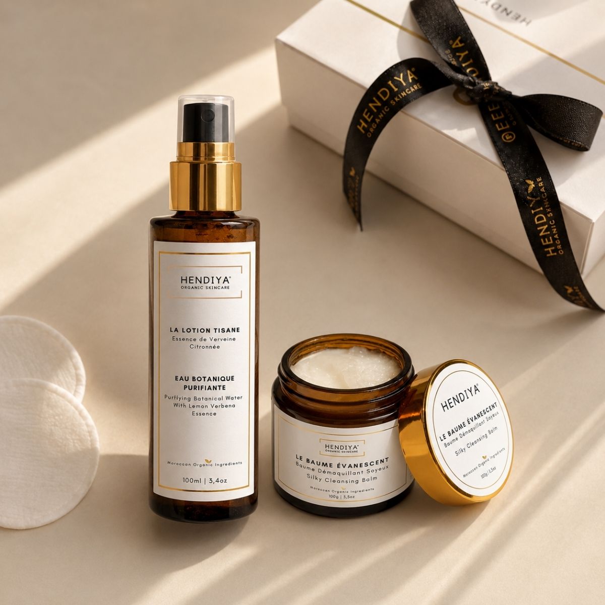 Double démaquillage Hendiya® bio : Le Baume Évanescent et La Lotion Tisane, duo démaquillant et eau micellaire