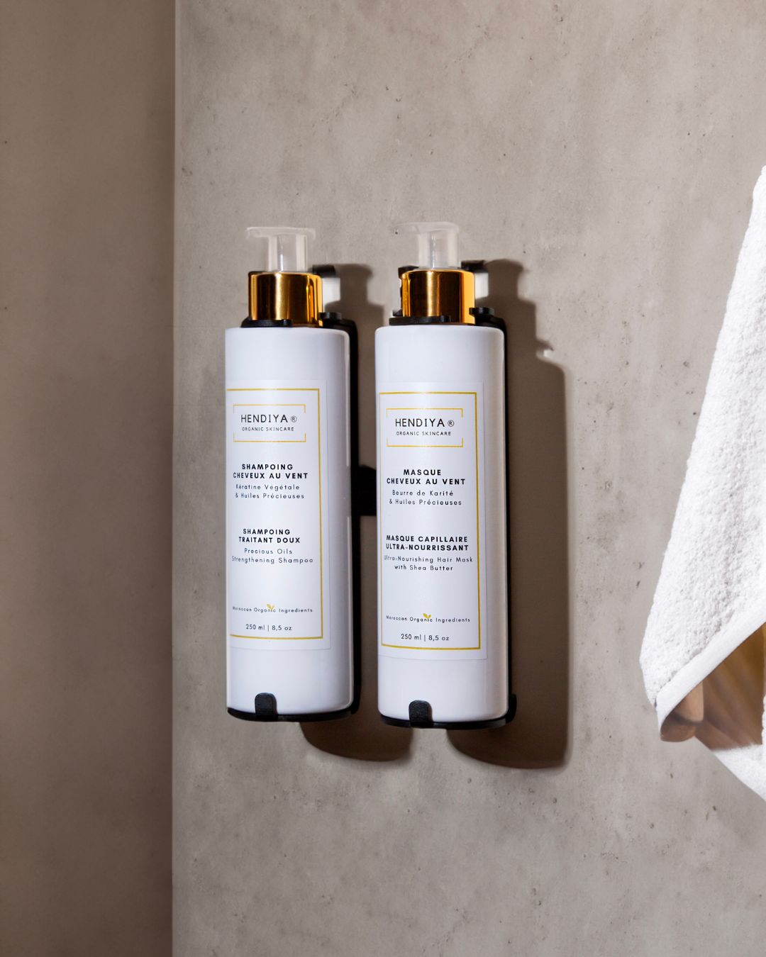 Distributeurs rechargeables Hendiya pour hôtels : shampoing et masque cheveux bio