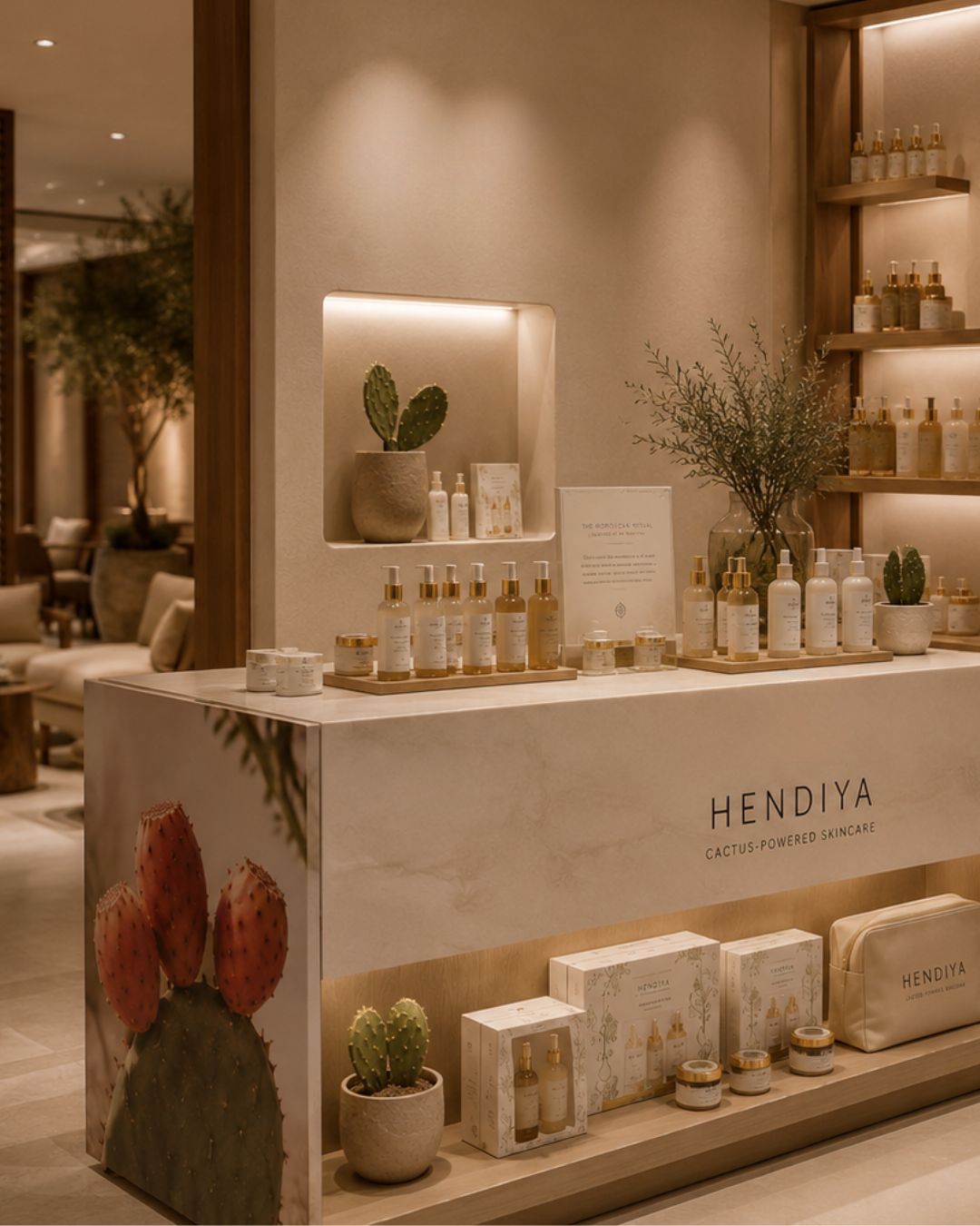 Corner retail Hendiya Organic Skincare en boutique d'hôtel au Maroc